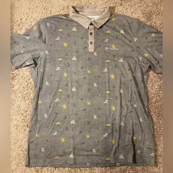 RARE Columbia Omni Wick Polo Beach Scene Adult Mens Size Large Gray Unique Shirt - Picture 2 of 10